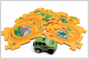 TOR WYŚCIGOWY Z SAMOCHODEM TERENOWYM UKŁADANKA PUZZLE Z DINOZAURAMI 8 ELEM.