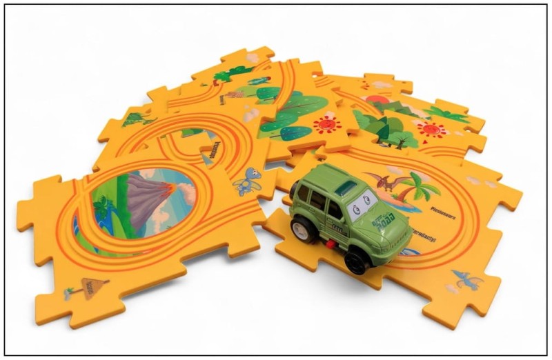 TOR WYŚCIGOWY Z SAMOCHODEM TERENOWYM UKŁADANKA PUZZLE Z DINOZAURAMI 8 ELEM.