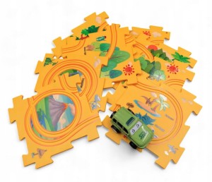 TOR WYŚCIGOWY Z SAMOCHODEM TERENOWYM UKŁADANKA PUZZLE Z DINOZAURAMI 8 ELEM.