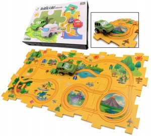 TOR WYŚCIGOWY Z SAMOCHODEM TERENOWYM UKŁADANKA PUZZLE Z DINOZAURAMI 8 ELEM.
