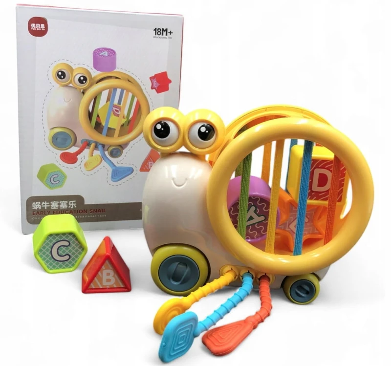SENSORYCZNA ZABAWKA DLA DZIECKA KSZTAŁTY KOLORY LINKI DO PRZECIĄGANIA SNAIL