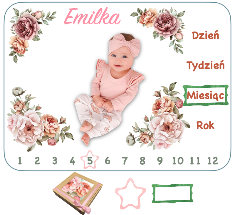 Fotokocyk z imieniem dziecka foto mata dla dziewczynki z kawiatami +pudełko poony