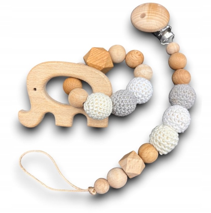 zawieszka do smoczka gryzaka w kształcie słonia szary zestaw dla niemowlaka - poony