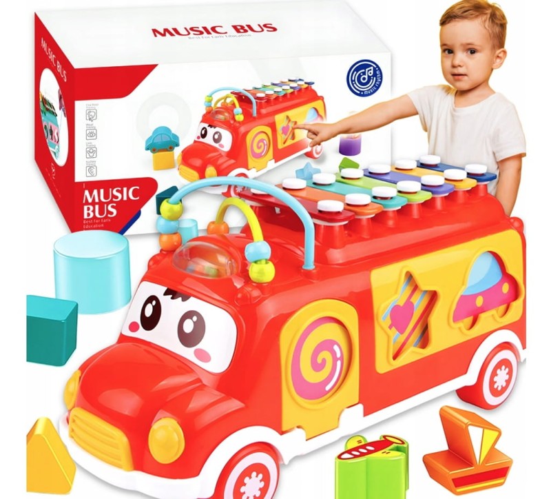 czerwony autobus jeżdżący kształty i kolory - poony