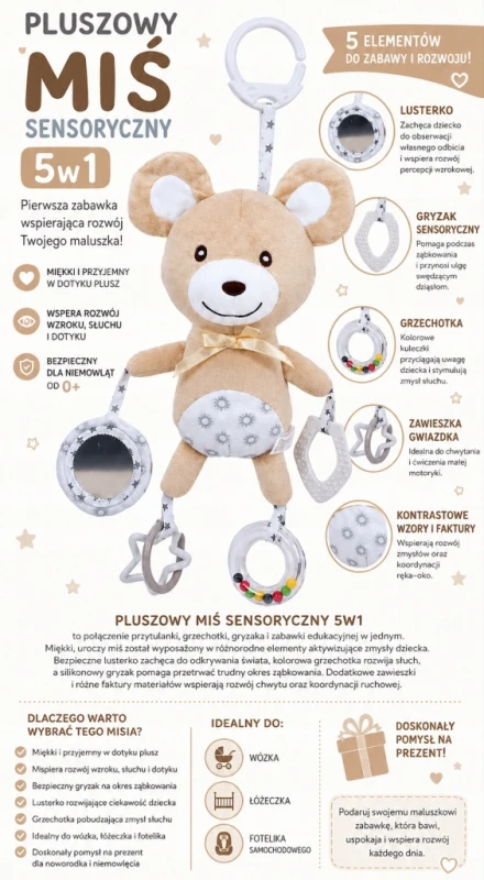 gryzak sensoryczny z grzechotką i zawieszką do wózka poony
