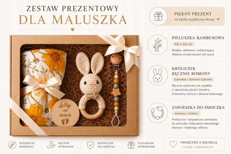Zestaw prezentowy dla noworodka pieluszka bambusowa gryzak zawieszka do smoczka poony