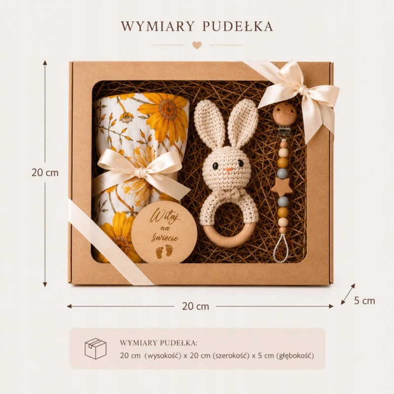 Zestaw prezentowy dla noworodka pieluszka bambusowa gryzak zawieszka do smoczka poony