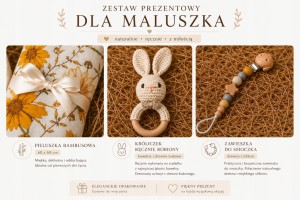 Zestaw prezentowy dla noworodka pieluszka bambusowa gryzak zawieszka do smoczka poony