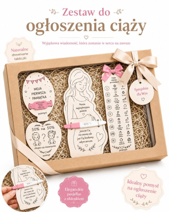 zestaw do ogłoszenia ciąży tabliczka na test ciążowy i opaskę ze szpitala poony