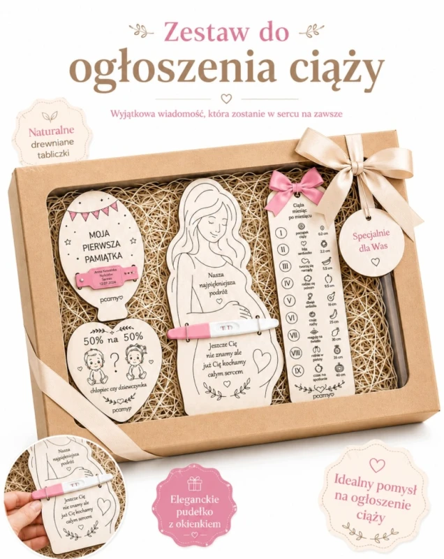 zestaw do ogłoszenia ciąży tabliczka na test ciążowy i opaskę ze szpitala poony