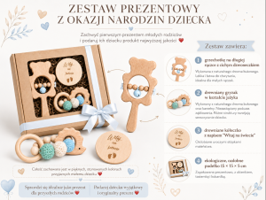 Prezent na narodziny dziecka zestaw gryzaków z grzechotką + ozdobne pudełko poony