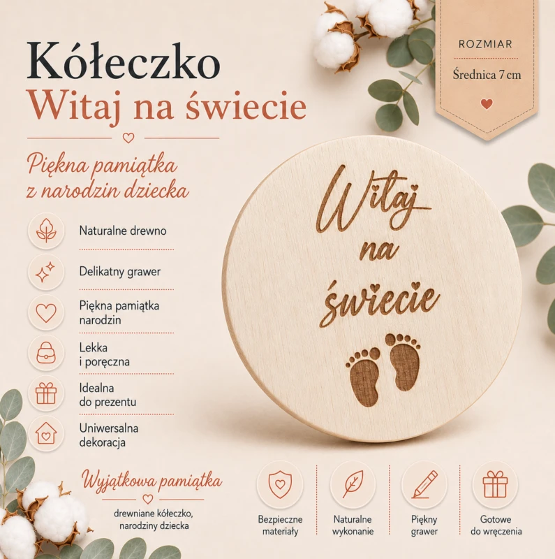 kółeczko drewniane witaj na świecie poony