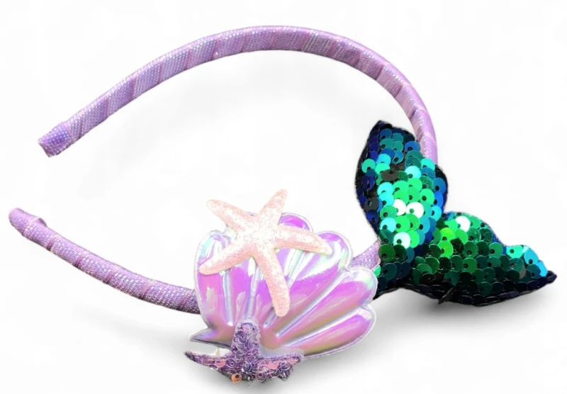 fioletowa opaska do włosów w kształcie syreny spinka ogon syreny komplet