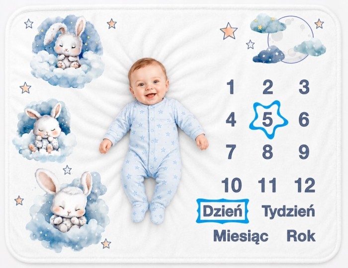 foto kocyk do zdjęć niemowlęcia z króliczkiem poony + drewniane tabliczki