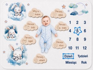 foto kocyk do zdjęć niemowlęcia z króliczkiem poony + drewniane tabliczki