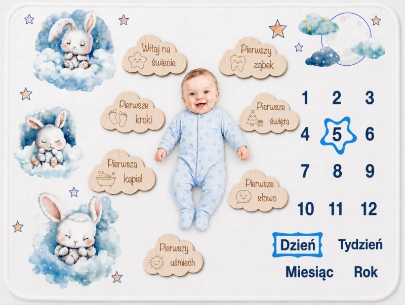 foto kocyk do zdjęć niemowlęcia z króliczkiem poony + drewniane tabliczki