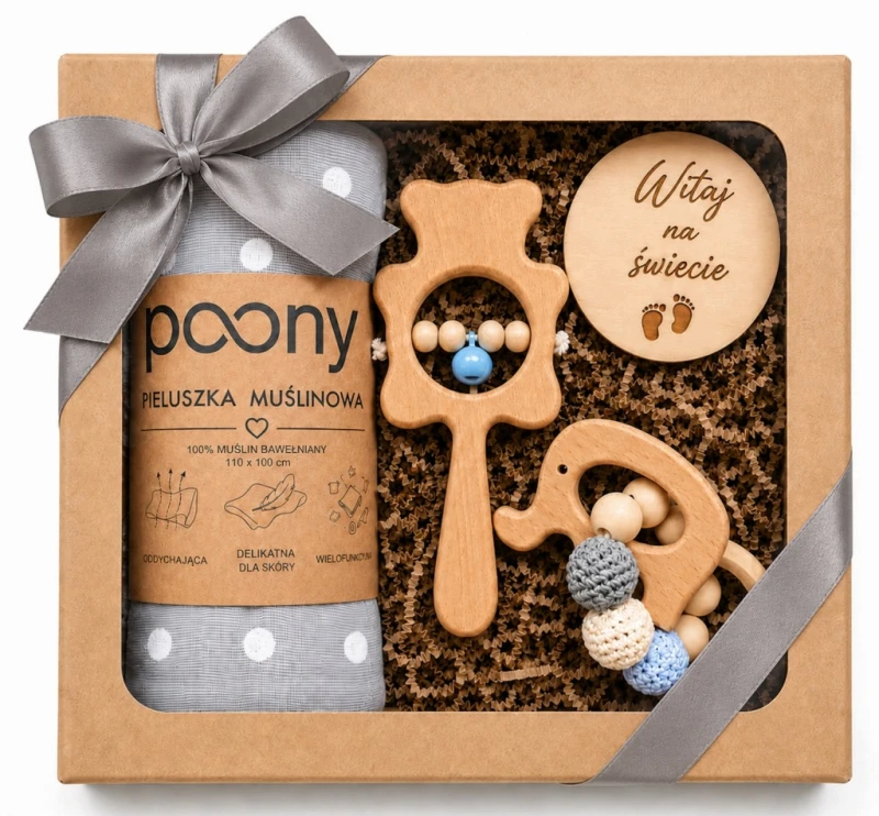 prezent dla noworodka narodziny dziecka baby shower pieluszka gryzak poony