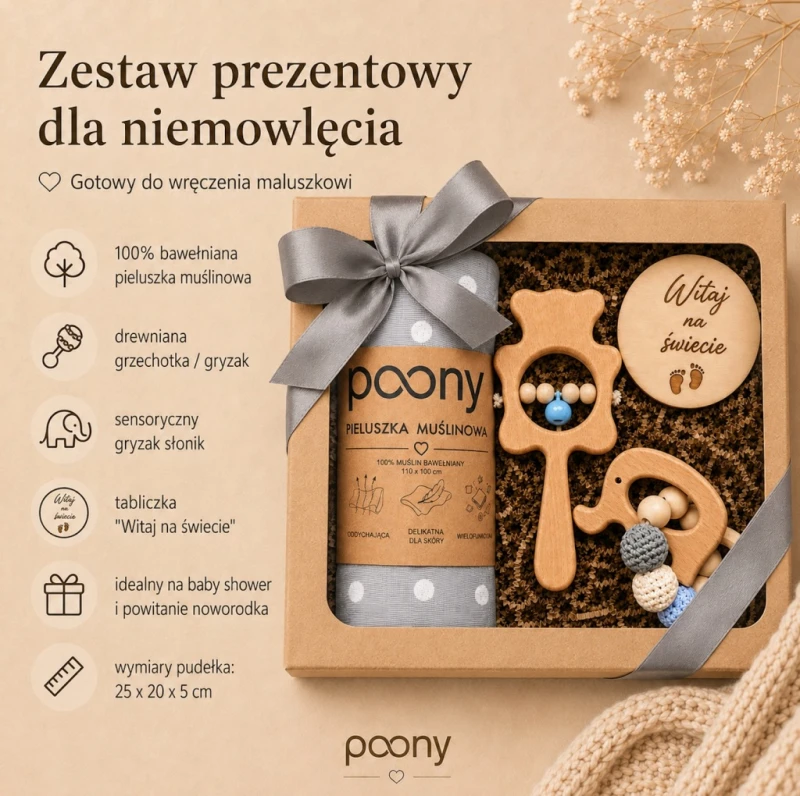 prezent dla noworodka narodziny dziecka baby shower pieluszka gryzak poony