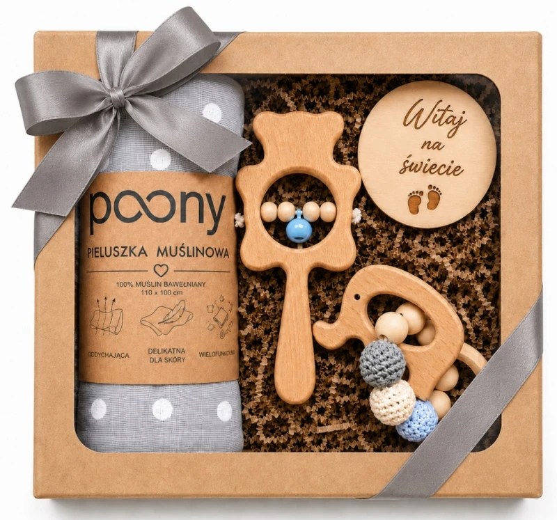 prezent dla noworodka narodziny dziecka baby shower pieluszka gryzak poony