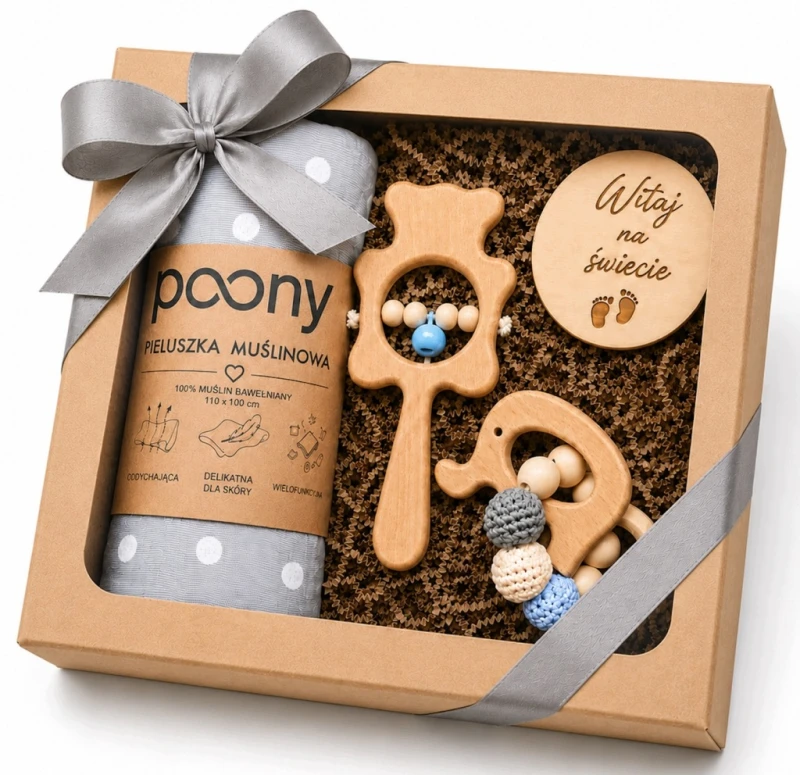 prezent dla noworodka narodziny dziecka baby shower pieluszka gryzak poony
