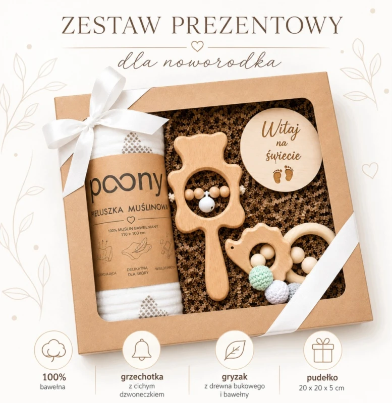 gryzak dla dziecka grzechotka pieluszka muślinowa zestaw prezentowy poony