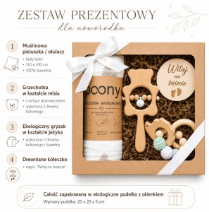 gryzak dla dziecka grzechotka pieluszka muślinowa zestaw prezentowy poony