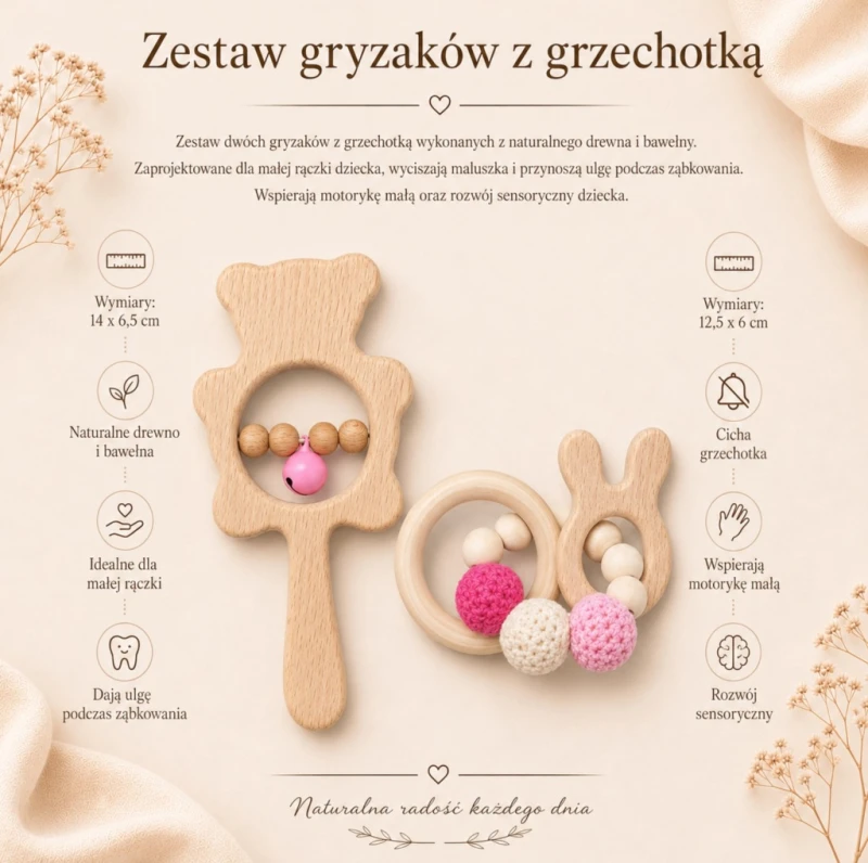 zestaw prezentowy dla noworodka gryzak pieluszka muślinowa zawieszka poony