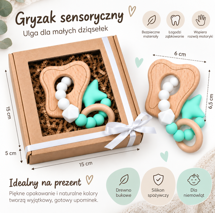 gryzak niemowlęcy eko drewno silikon bezpieczny gryzaczek dla dziecka + box