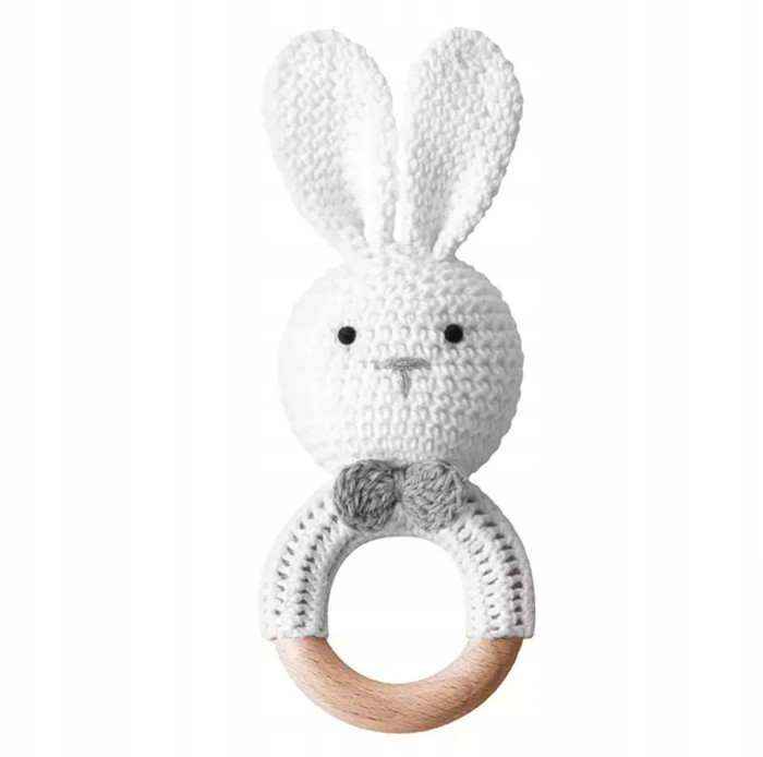 Króliczek - grzechotka gryzak dla dziecka biały ekologiczny na ząbkowanie + pudełko prezentowe - poony