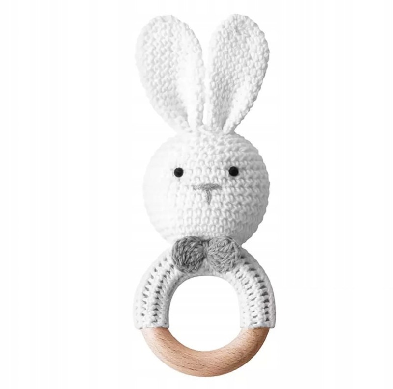 Króliczek - grzechotka gryzak dla dziecka biały ekologiczny na ząbkowanie + pudełko prezentowe - poony