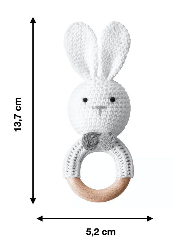 Króliczek - grzechotka gryzak dla dziecka biały ekologiczny na ząbkowanie + pudełko prezentowe - poony