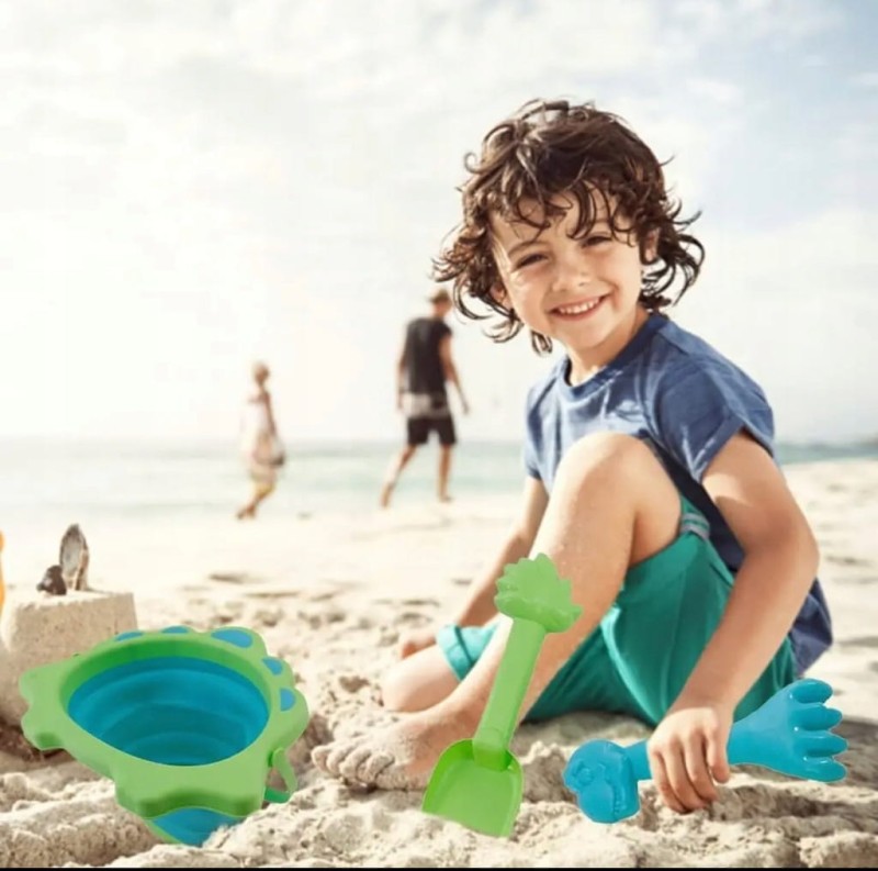 Składane wiaderko do piaskownicy łopatka grabki w dinozaury dla chłopca