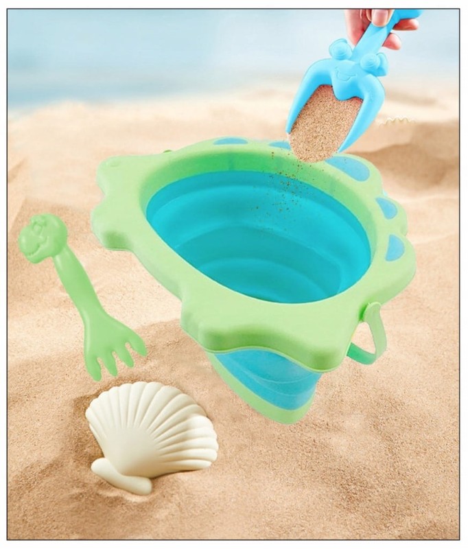 Składane wiaderko do piaskownicy łopatka grabki w dinozaury dla chłopca