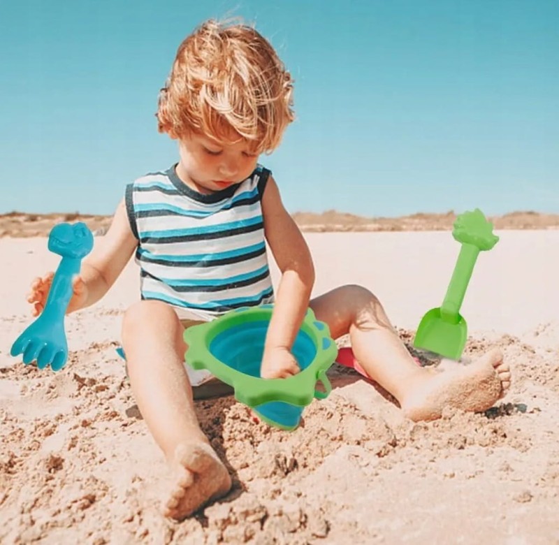 Składane wiaderko do piaskownicy łopatka grabki w dinozaury dla chłopca