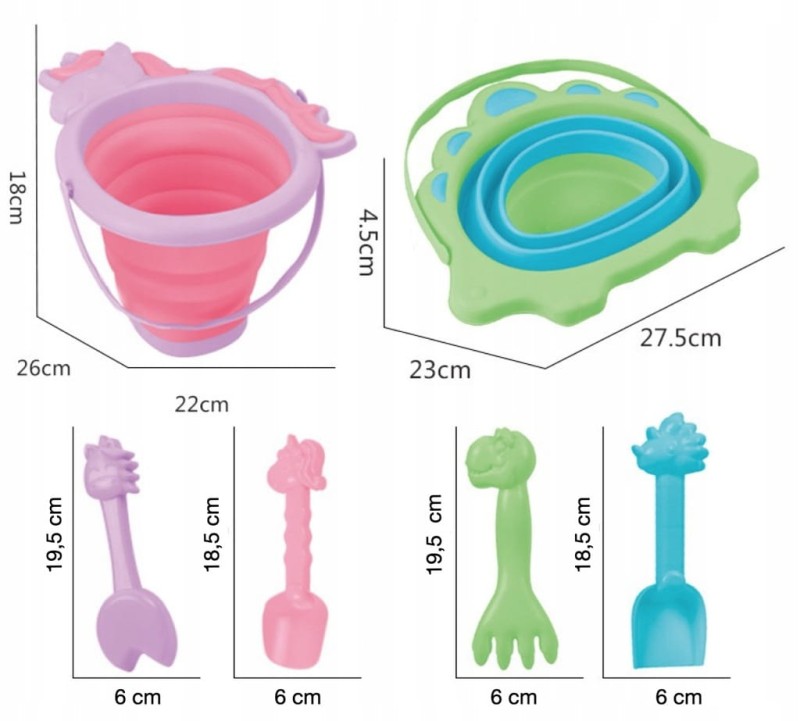 Składane wiaderko do piaskownicy łopatka grabki w dinozaury dla chłopca