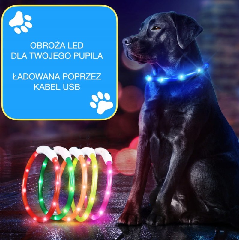 Świecąca obroża dla psa podświetlenie LED wodoodporna + kabel USB