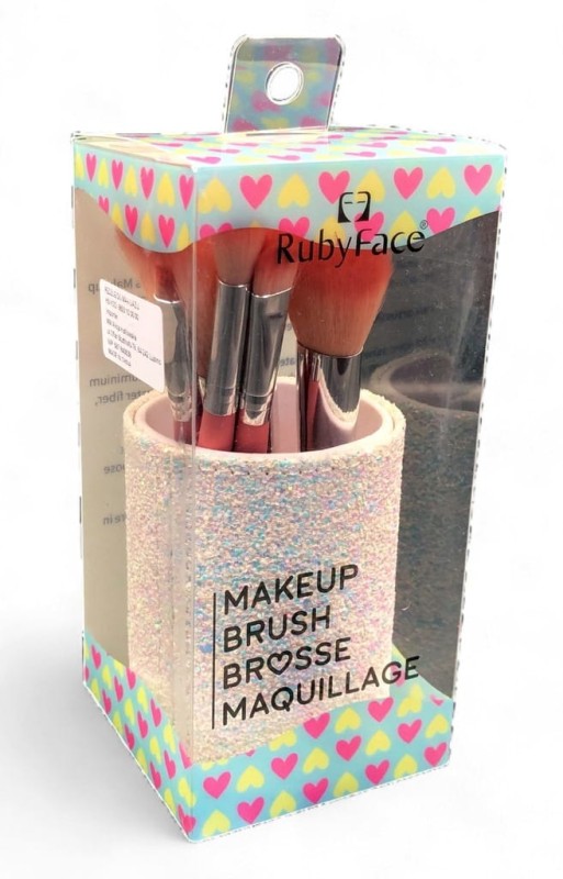 PĘDZLE DO MAKIJAŻU Komplet pięciu pędzli + brokatowy kubeczek RUBY FACE