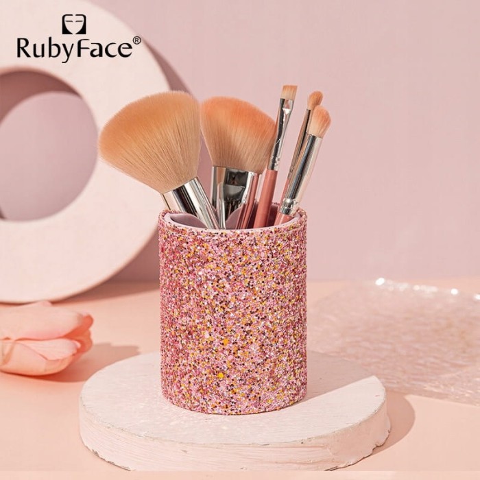 Zestaw pędzli do makijażu Ruby Face + brokatowy kubeczek do przechowywania