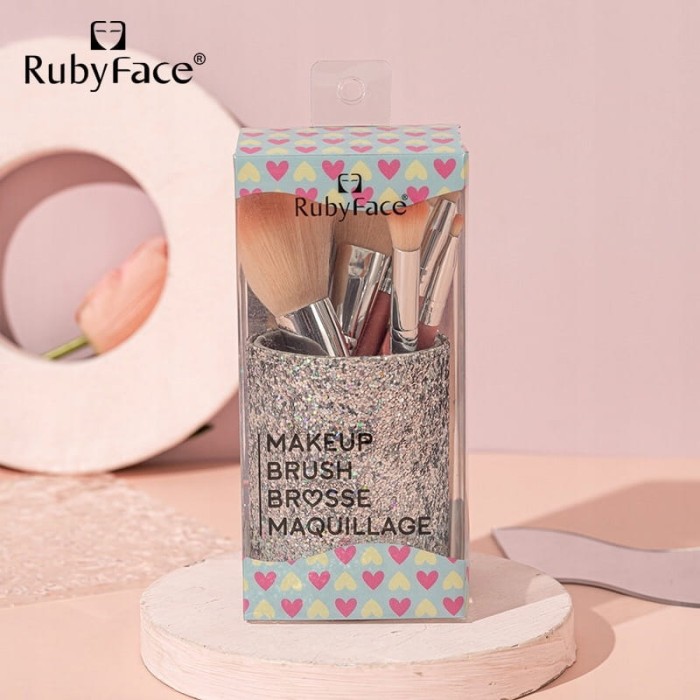 Zestaw pędzli Ruby Face w brokatowym kubeczku Set pięciu pędzli do make-up