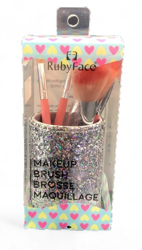Zestaw pędzli Ruby Face w brokatowym kubeczku Set pięciu pędzli do make-up