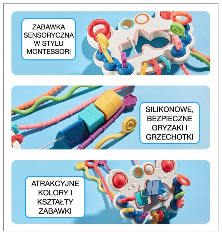 ZABAWKA SENSORYCZNA GRYZAK GRZECHOTKA DLA NIEMOWLĄT MONTESSORI SILIKON 5W1